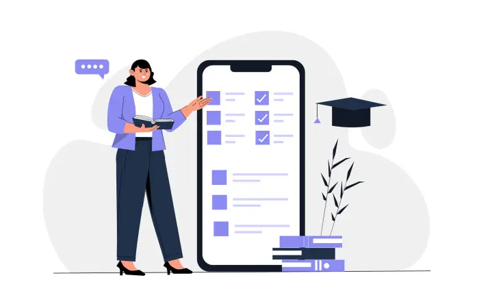 E-Learning Concept Girl Using a Smartphone for Study Online Flat Illustration